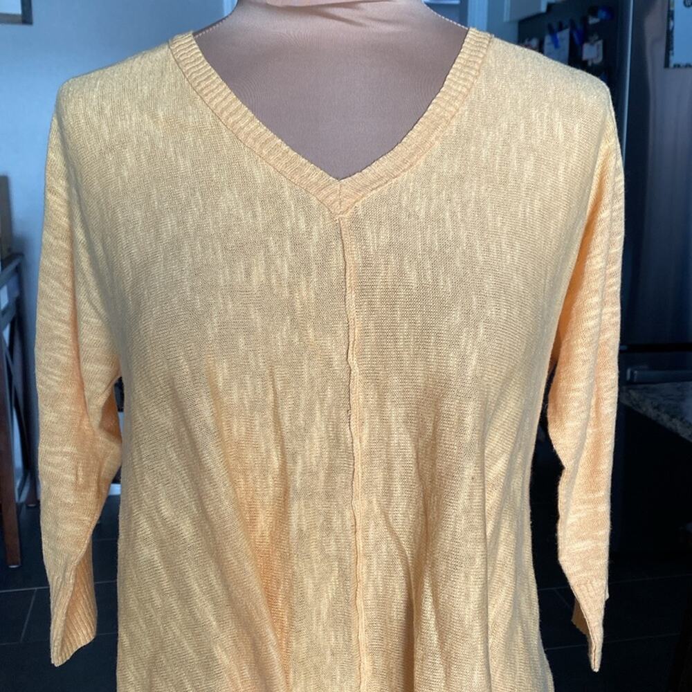 Eileen Fisher women’s tangerine peach linen blend shark‎ bite 3/4 sleeve sweater